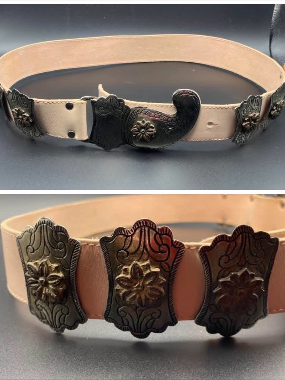 VTG Sara Santa Monica Leather Tan/ Light Pink Concho Belt Size L